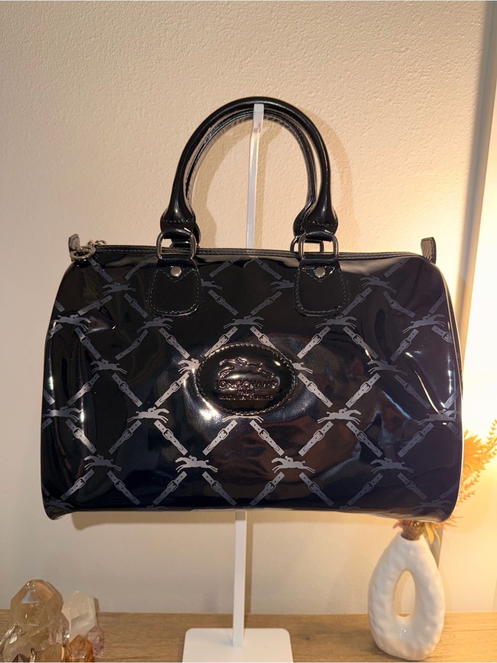 Longchamp Black Patent Boston Style Handbag with Matte Equestrian Motif